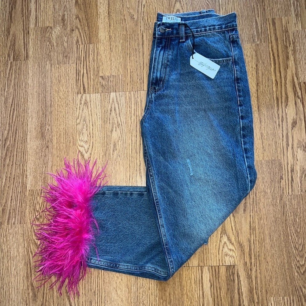 Jeans with Pink Feathers at the Bottom